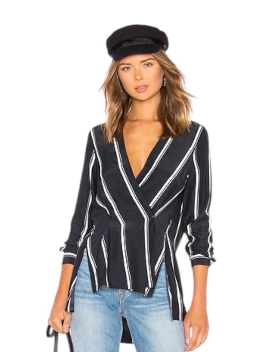 Rag & Bone Debbie Top Stripe Silk Crossover V Neck Asymmetrical Classic Luxe